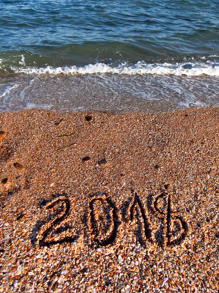 Fototapeta premium 2018 on the beach sand, sea wave is rolling. Sunny summer day. Textured background with place for text