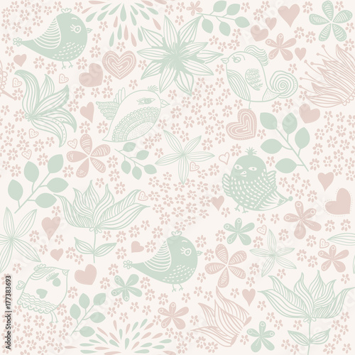 Romantic pattern with birds, hearts, flowers and bows. Seamless background.