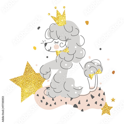 Beautiful, smiling, cute dog poodle with golden crown, stars, gold glittering, dots. Hand drawn line art illustration, memphis style