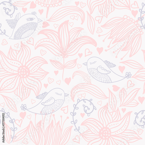 Tropical illustration with birds and plants. Vector seamless pattern. 