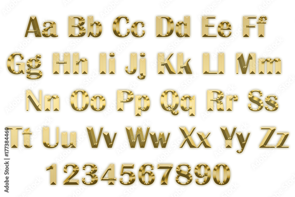 3d alphabet in gold letters on a white background