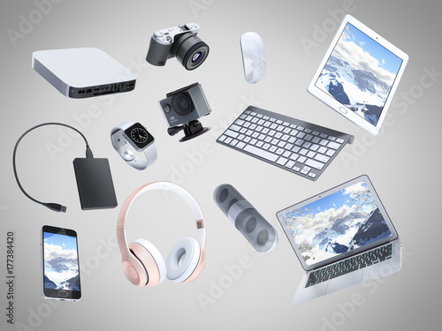 collection of consumer electronics flying in the air 3D render on grey background