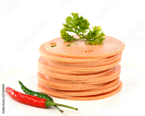 Spicy pork bologna filling chili close up on white background