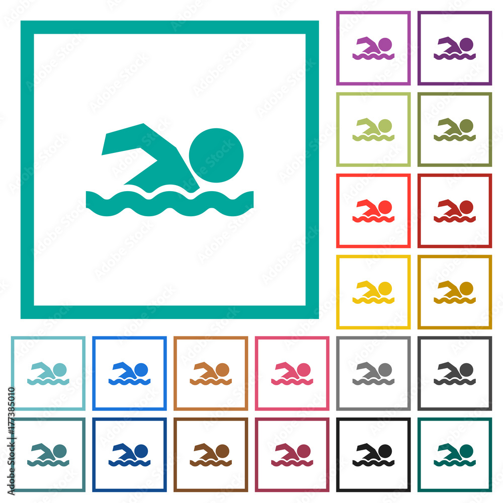 Swimming man flat color icons with quadrant frames