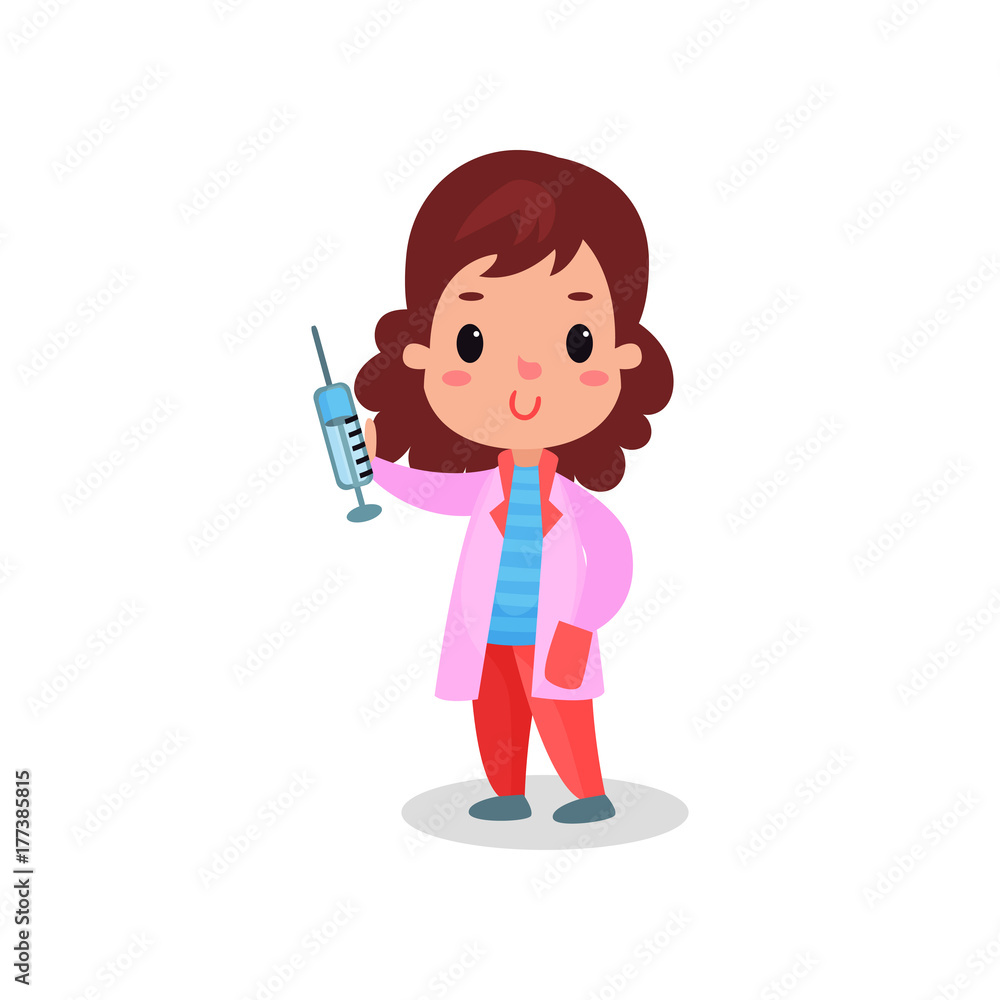Sweet girl doctor in professional clothing holding syringe, kid playing doctor vector illustration Sweet girl doctor in professional clothing holding syringe, kid playing doctor vector illustration