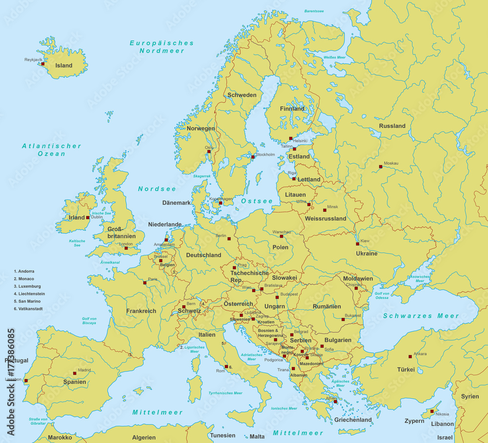 Fototapeta premium Mapa Europy w kolorze pomarańczowym (szczegółowa)