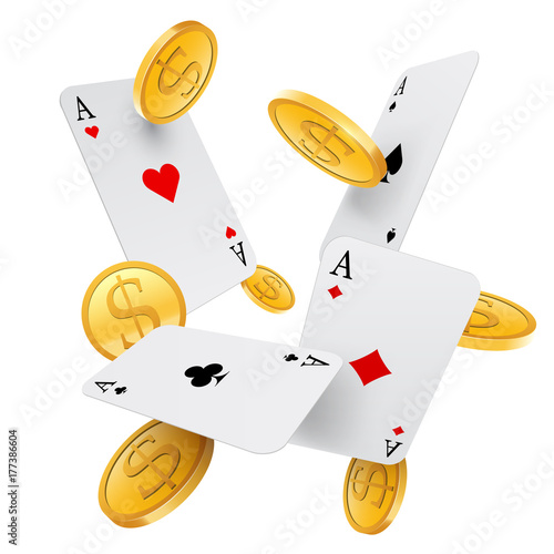 Falling aces and gold coins, vector, isolated on white