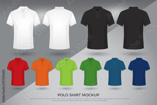 Men's polo shirt mockup, Set of black, white and colored blank polo shirts templates design. front and back view. vector illustration photo