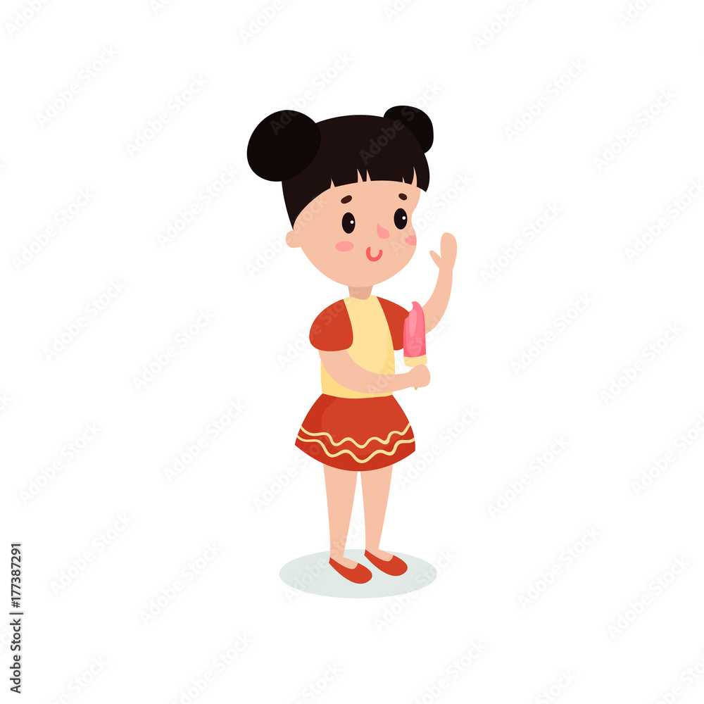 Pretty brunette girl eating ice cream cartoon vector illustration Pretty brunette girl eating ice cream cartoon vector illustration