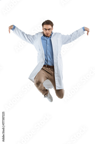 jumping male chemist