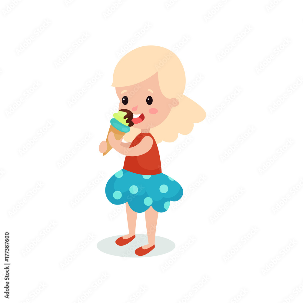 Pretty blonde girl licking ice cream cartoon vector illustration Pretty blonde girl licking ice cream cartoon vector illustration
