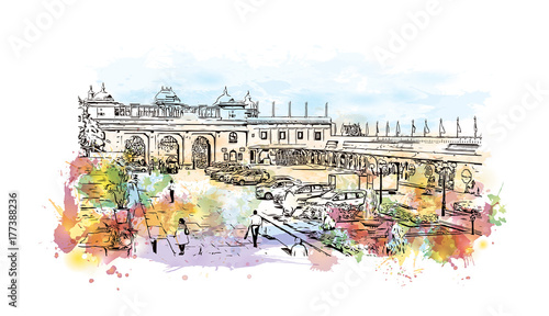 Watercolor sketch with splash of City Palace, Udaipur, India in vector illustration.