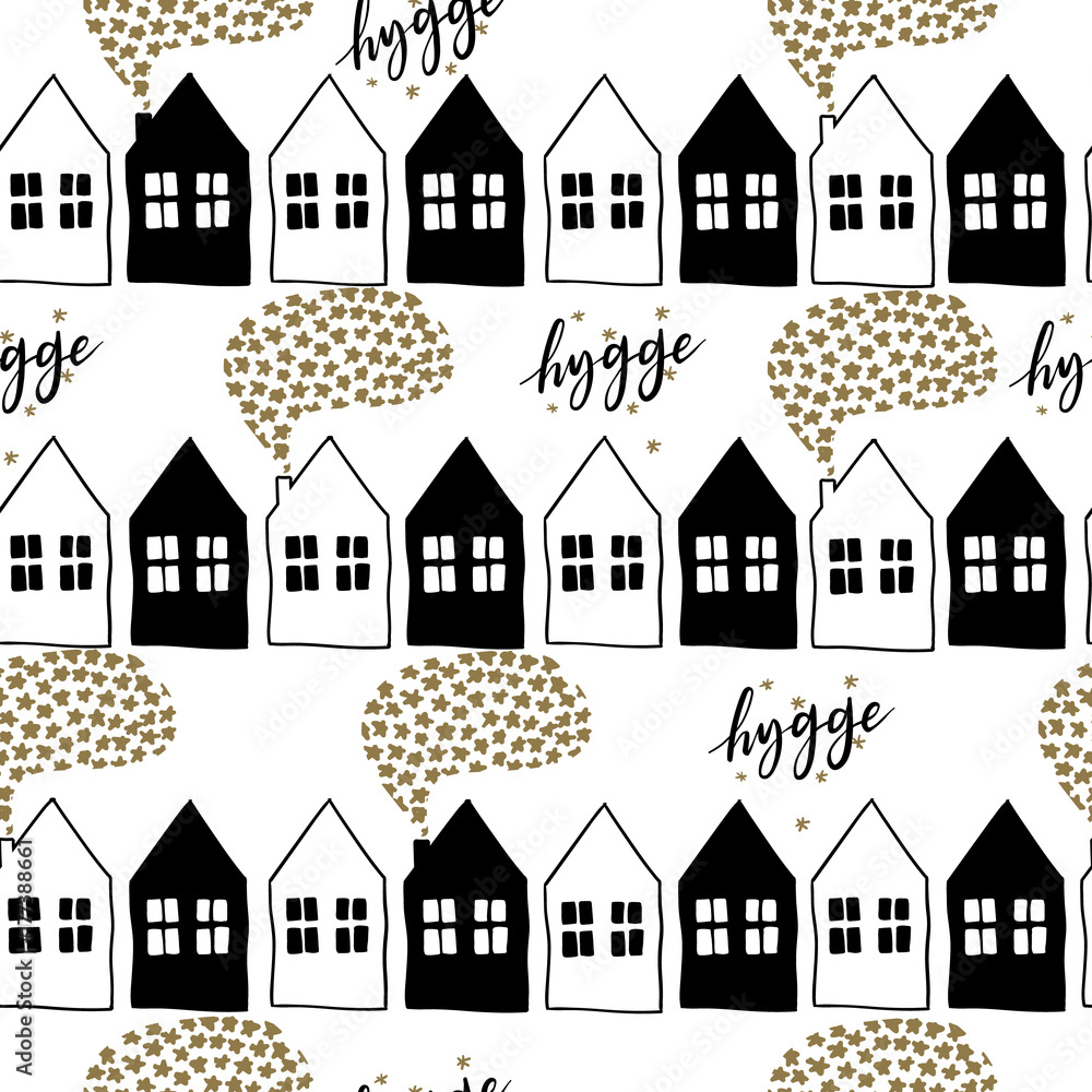 Vector seamless pattern of scandinavian houses with star clouds.Christmas hygge. black and white doodle. Nordic village. Xmas, New Year wrapping paper, greeting card, party flyer, banner, invitation