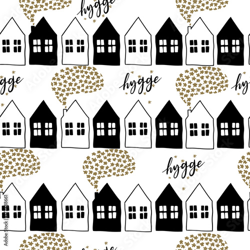 Vector seamless pattern of scandinavian houses with star clouds.Christmas hygge. black and white doodle. Nordic village. Xmas, New Year wrapping paper, greeting card, party flyer, banner, invitation