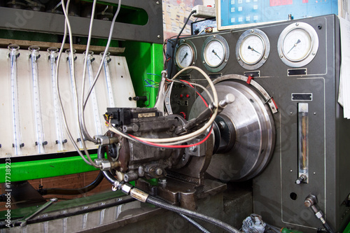close-up high pressure diesel fuel pump test bench