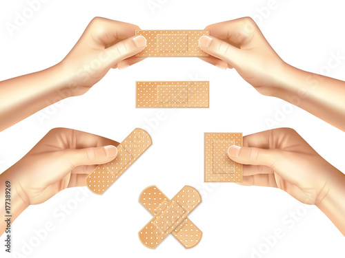 Hands Holding Medical Plasters Realistic Set