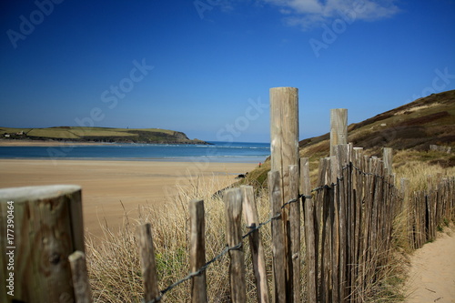 Fence and beach, Cornwall England
