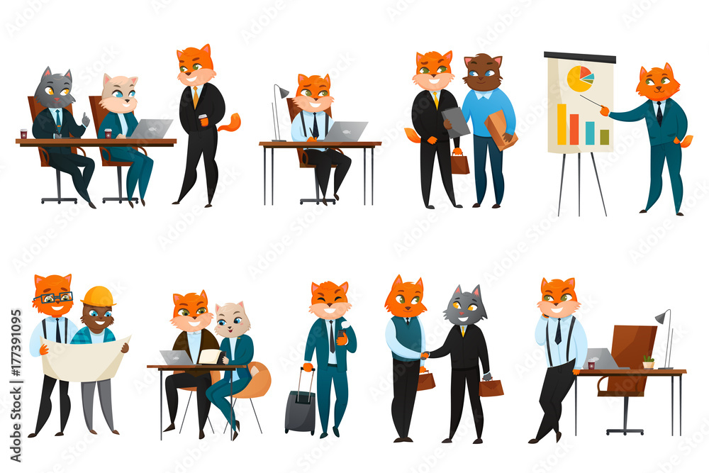 Business Cat Cartoon Icons Set 