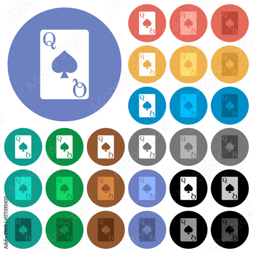 Queen of spades card round flat multi colored icons