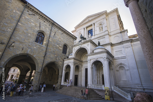 Monuments of the Citta Alta (upper city) of Bergamo, Italy. the Duomo (cathedral), the Basilica di Santa Maria Maggiore and the Cappella Colleoni (Colleoni chapel)