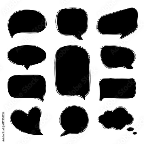 Doodle speech bubbles. Tangle hand drawn speech bubbles. Vector set of dialog windows.