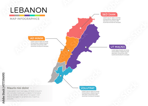 Lebanon map infographics vector template with regions and pointer marks