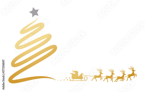 Weihnachtsbaum und Weihnachtsmann mit Rentierschlitten - kalligraphisch
