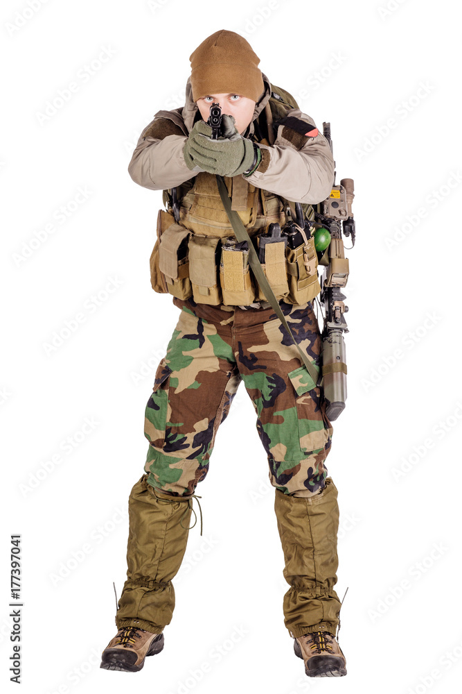 private military contractor aiming with black pistol. private military contractor aiming with black pistol.