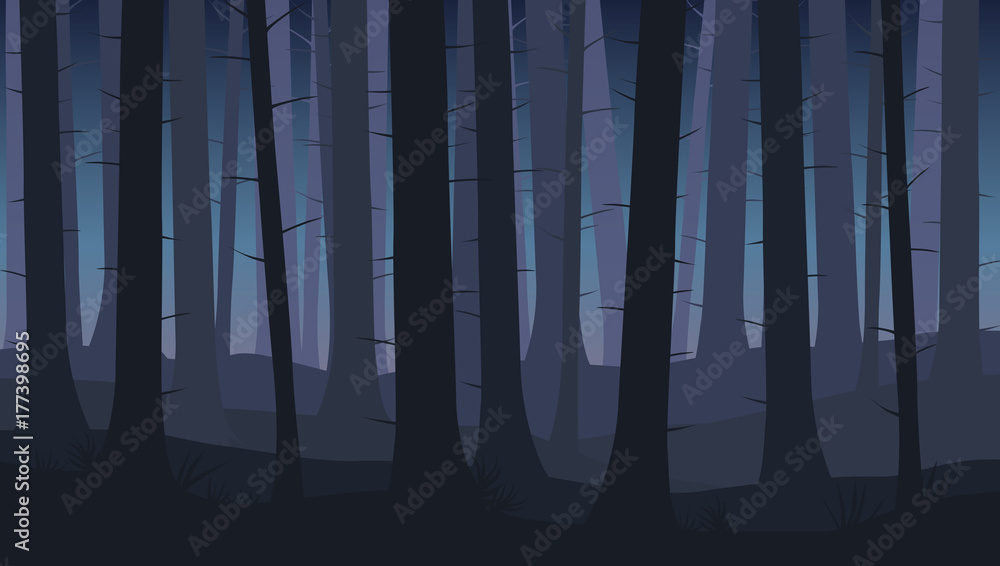 Plakat Krajobraz z sylwetkami niebieskich drzew w lesie ciemnej nocy - ilustracji wektorowych