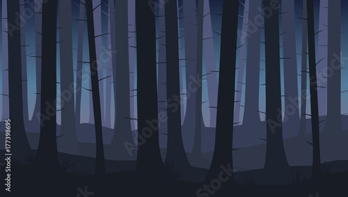 Naklejka Krajobraz z sylwetkami niebieskich drzew w lesie ciemnej nocy - ilustracji wektorowych