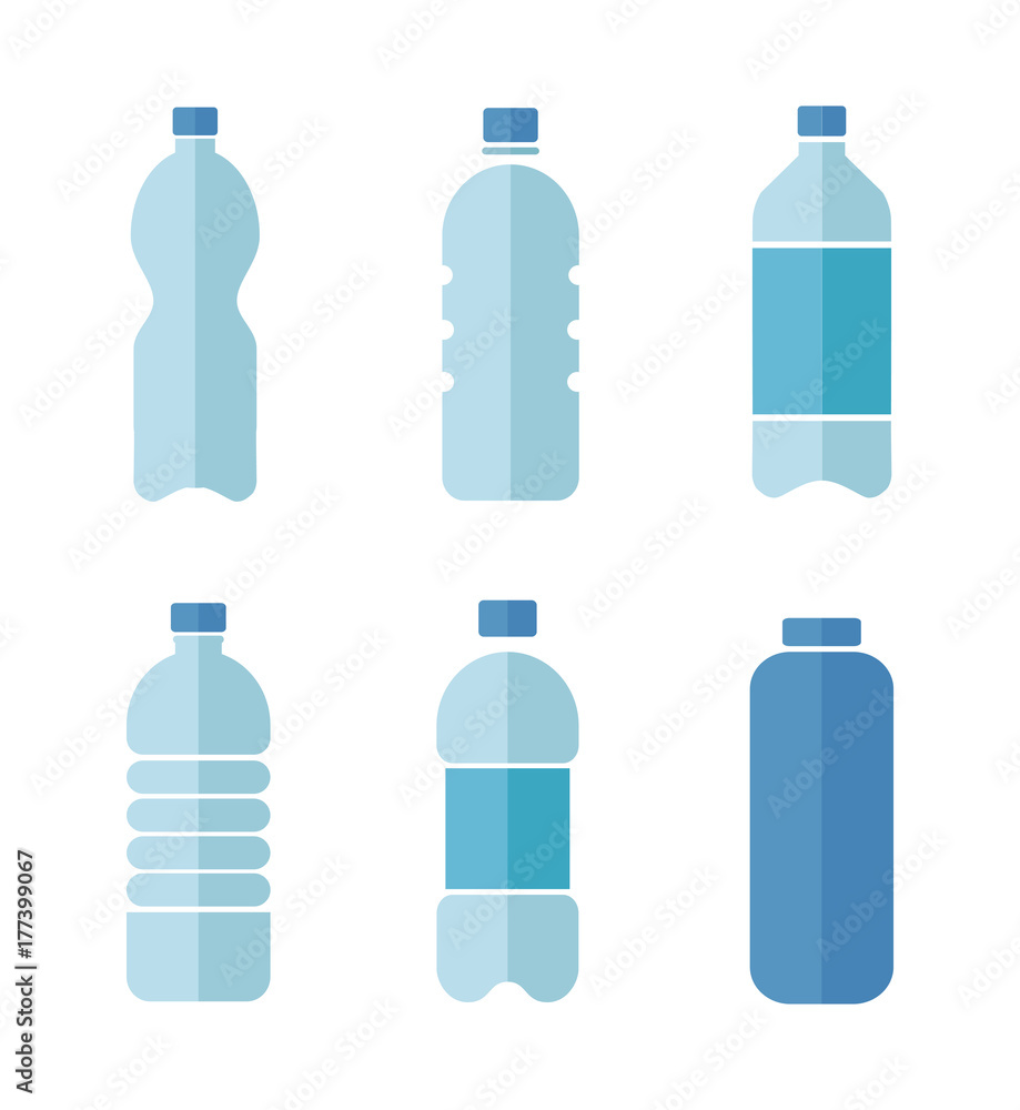 Blue vector flat design icons set of plastic bottles with clean water isolated on white background Blue vector flat design icons set of plastic bottles with clean water isolated on white background
