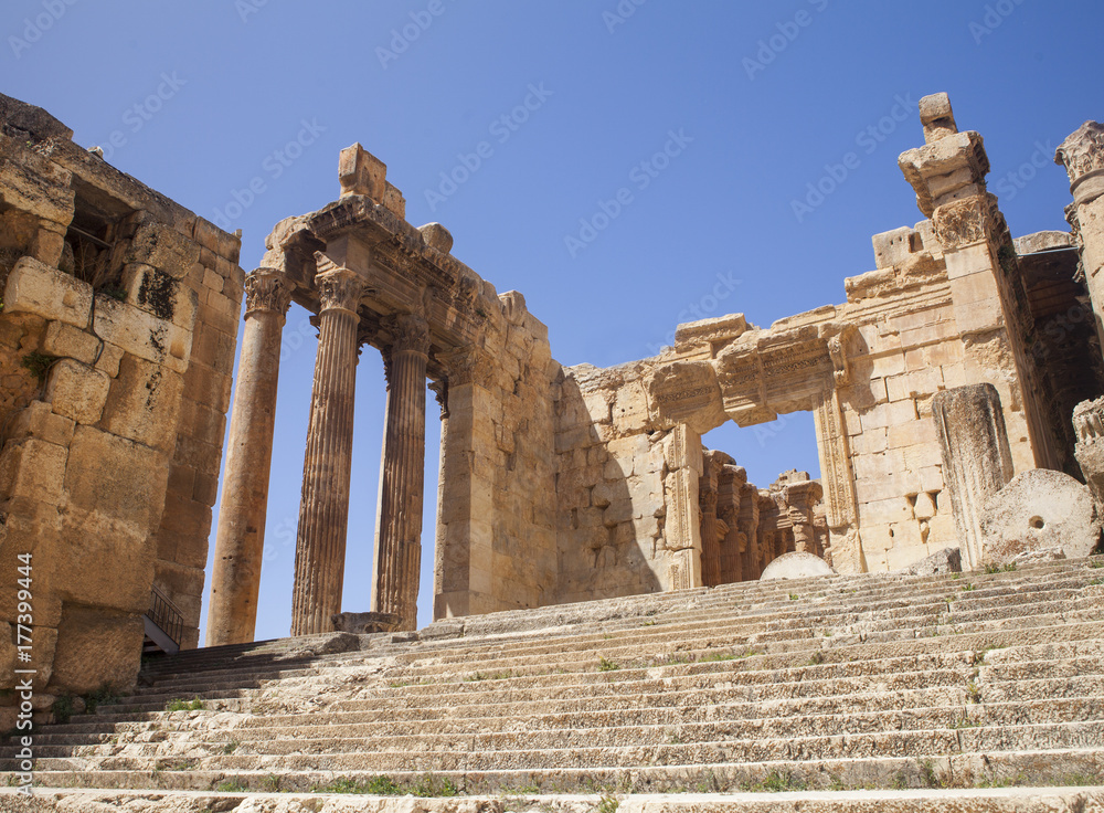 Ruins Of Stone Stairway Surrounded By Corinthian-Style Roman Columns - Bacchus Temple, Baalbek, Lebanon