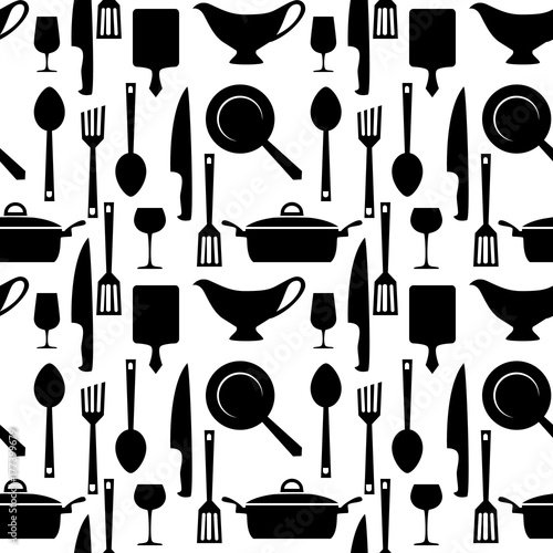 Kitchen and cooking utensils seamless pattern. Seamless pattern with kitchen utensils. Vector background.