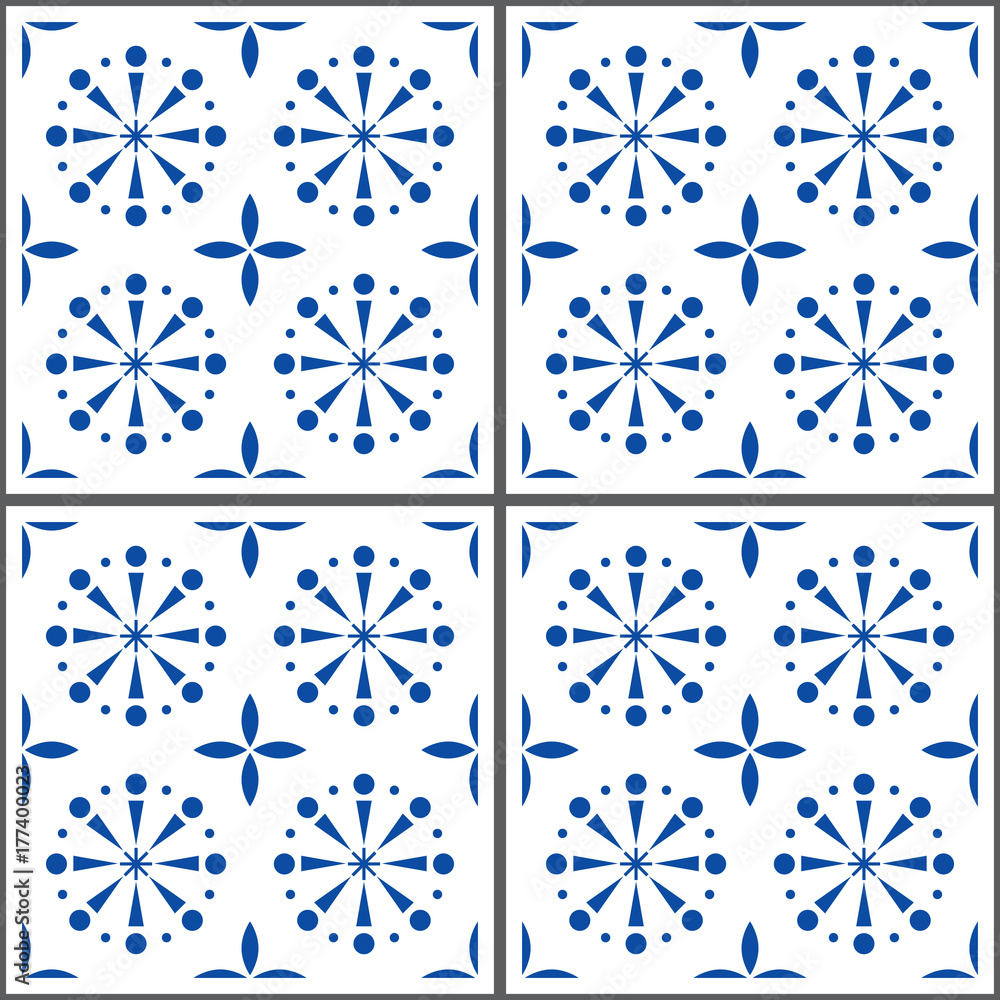 Portuguese vector tile pattern, Lisbon seamless indigo blue tiles, Azulejos vintage geometric ceramics
