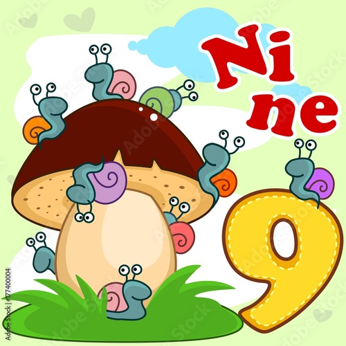 Fototapeta Naklejka Na Ścianę i Meble -  Мультфильм картинка для детей с изображением цифры девять и девяти улиток сидящих на грибе.