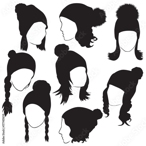 silhouettes of female heads in winter hats