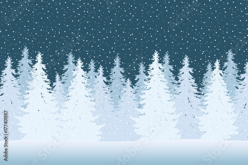 Vector illustration of a snowy winter forest with coniferous trees and snowflakes on a winter day
