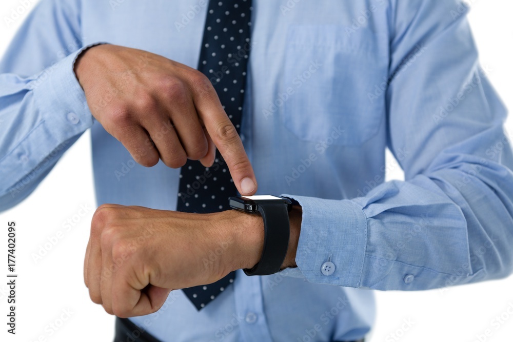 Close up of businessman using smartwatch
