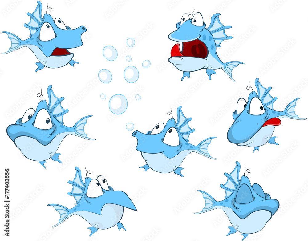 Fototapeta premium Set of Cartoon Illustration. A Cute Deep-Water Fish for you Design