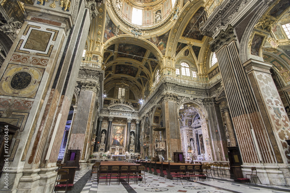 The Chiesa del Gesu e dei Santi Ambrogio e Andrea, a baroque church in the center of Genoa, Italy