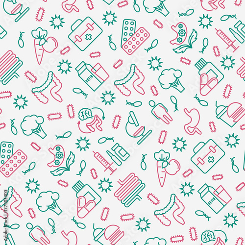 Gut flora seamless pattern with thin line icons: gut, bacteria, obesity, stomach, infection, depression, medicine. Vector illustration for medical survey or report.