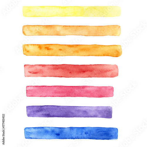 Hand drawn watercolor set of brush strokes of different colors: yellow, orange, red, blue and purple. Textures for your design.