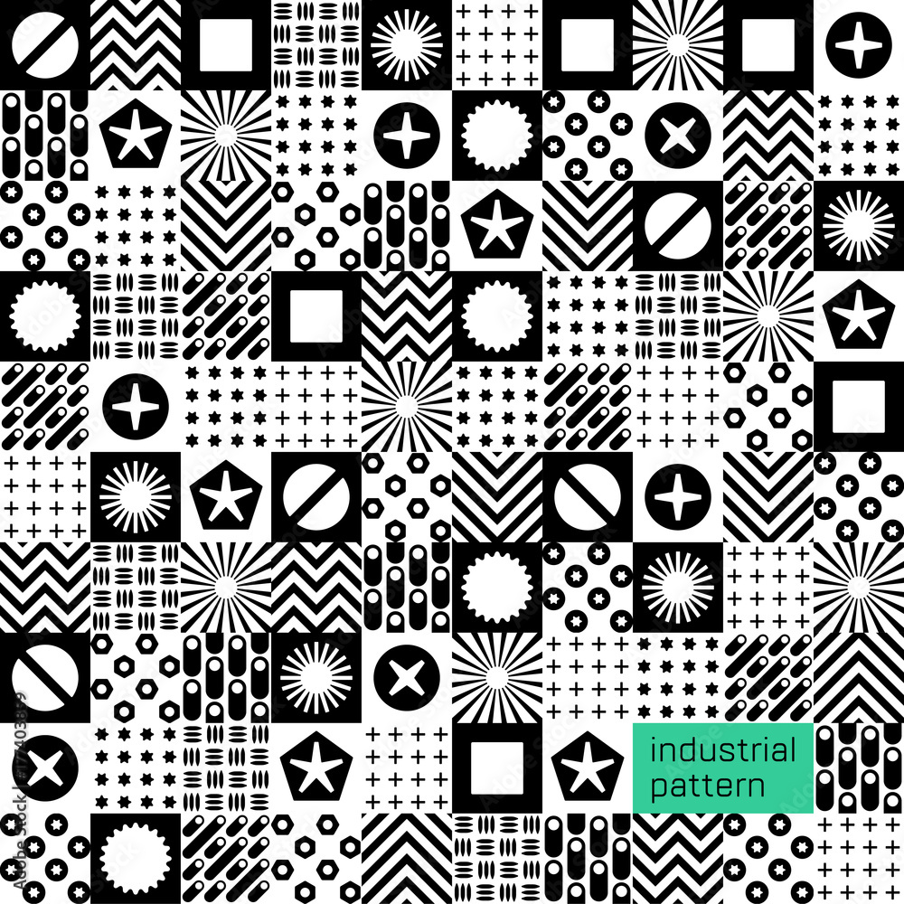 Industrial seamless pattern. Geometric flat background with building tools symbols.Constructor elements illustration. Repair bolt silhouettes. Industrial seamless pattern. Geometric flat background with building tools symbols.Constructor elements illustration. Repair bolt silhouettes.