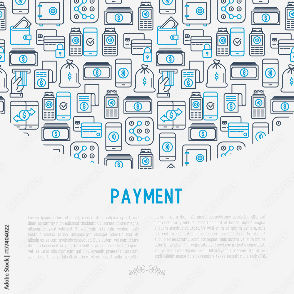 Payment concept with thin line icons related to credit card, money flow, saving, atm, mobile payment. Vector illustration of banner, web page, print media. Payment concept with thin line icons related to credit card, money flow, saving, atm, mobile payment. Vector illustration of banner, web page, print media.