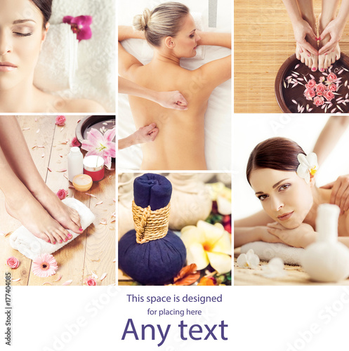 Young, beautiful and healthy woman getting traditional oriental aroma therapy and massaging treatments. Girl relaxing in spa salon. Healthcare and medicine concept collage.