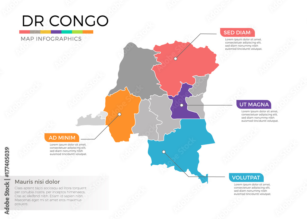 Democratic republic of congo map infographics vector template with regions and pointer marks Democratic republic of congo map infographics vector template with regions and pointer marks