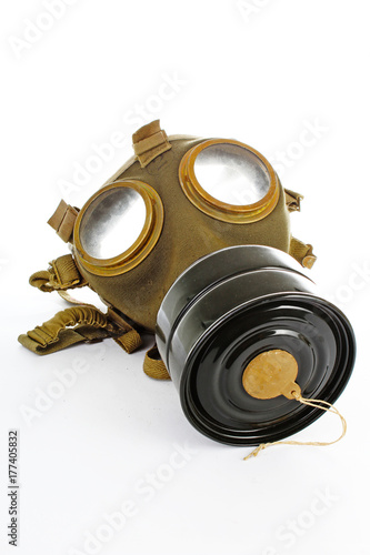 WW2 World War vintage gas mask green on white isolated studio photo background cutout cut out photo