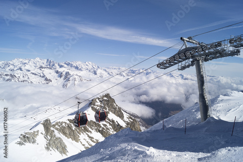 Top station of cablecar and mountain top panorama from Ghiacciaio presena glacier, near town Ponte di legno, italy