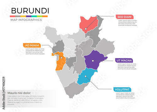 Burundi map infographics vector template with regions and pointer marks