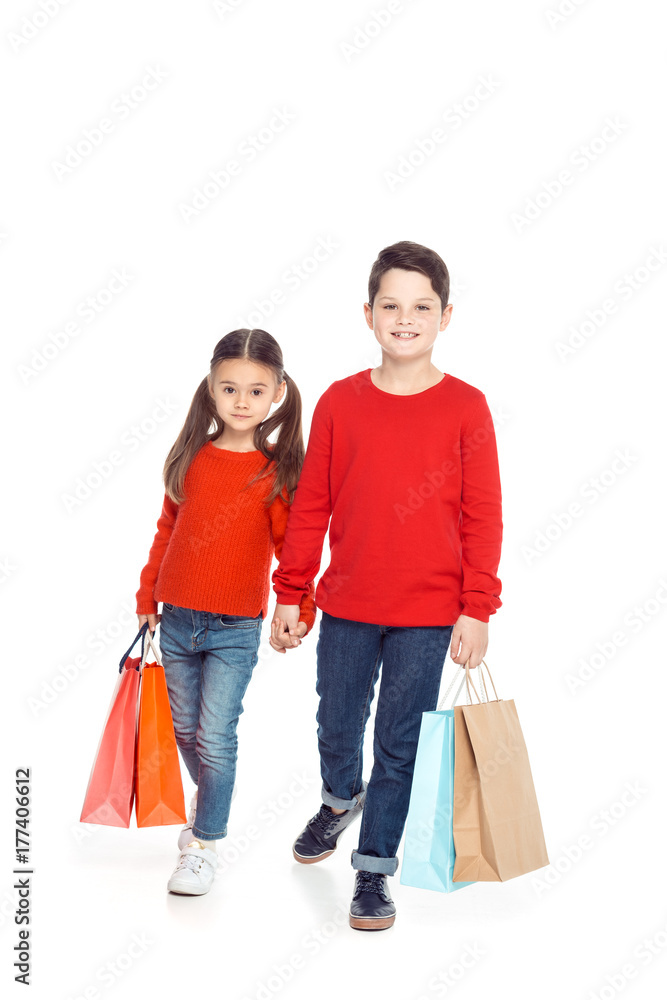 siblings with shopping bags siblings with shopping bags